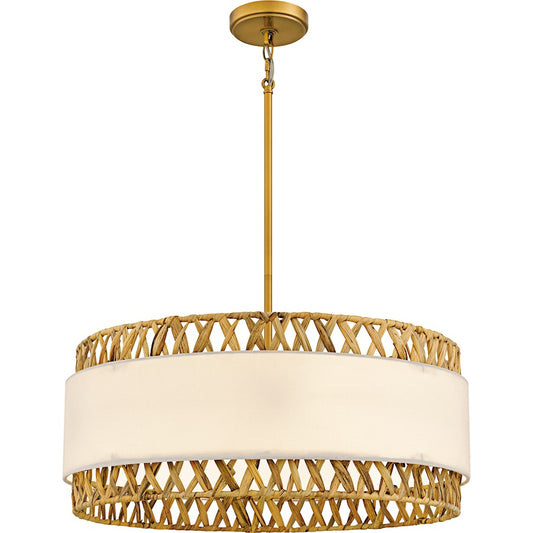 Quoizel Kate 5Light Pendant, Brushed Gold/White Linen And Rattan - KAT2824BRG