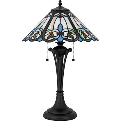 Giles 2Light Table Lamp, Matte Black/Multicolor Art Glass