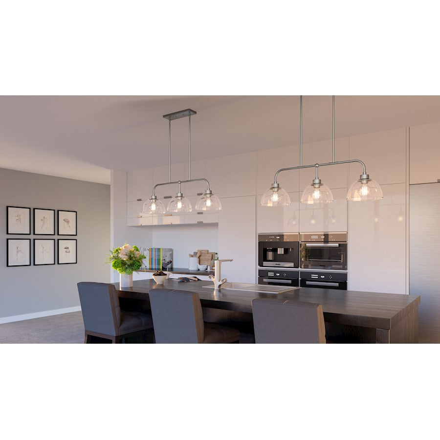 Halsey 3 Light Island Light, Brushed Nickel/Clear Rain Glass