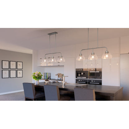 Halsey 3 Light Island Light, Brushed Nickel/Clear Rain Glass