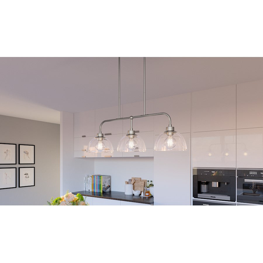 Halsey 3 Light Island Light, Brushed Nickel/Clear Rain Glass