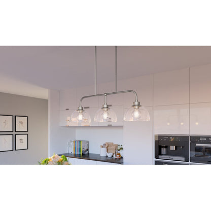 Halsey 3 Light Island Light, Brushed Nickel/Clear Rain Glass